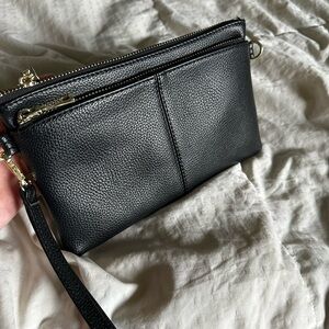 Black Leather Wristlet Crossbody Clutch